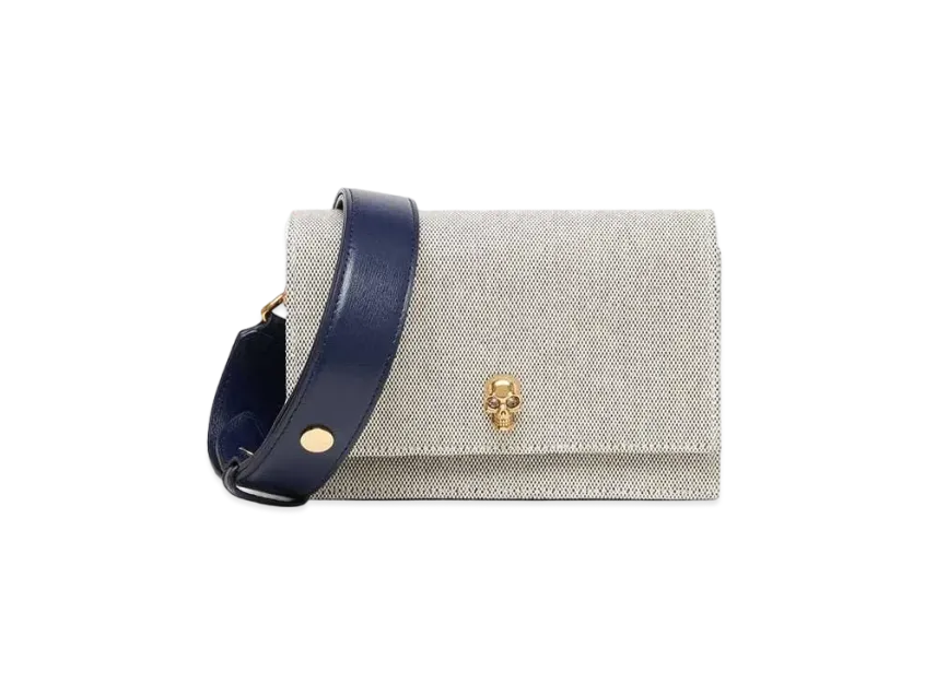 Luxe Ivory Canvas Shoulder Bag with Gold Skull Lock