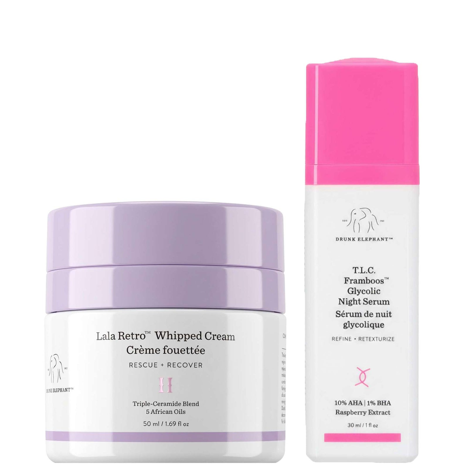 Drunk Elephant Duo: Lala Retro Whipped Cream 50ml & T.L.C. Framboos Glycolic Resurfacing Night Serum 30ml