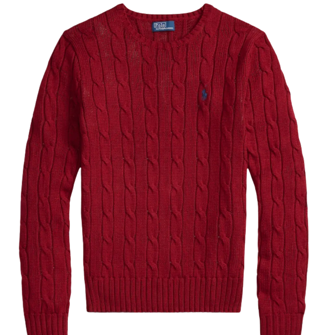 Women Red Cable-Knit Cotton Crewneck Sweater