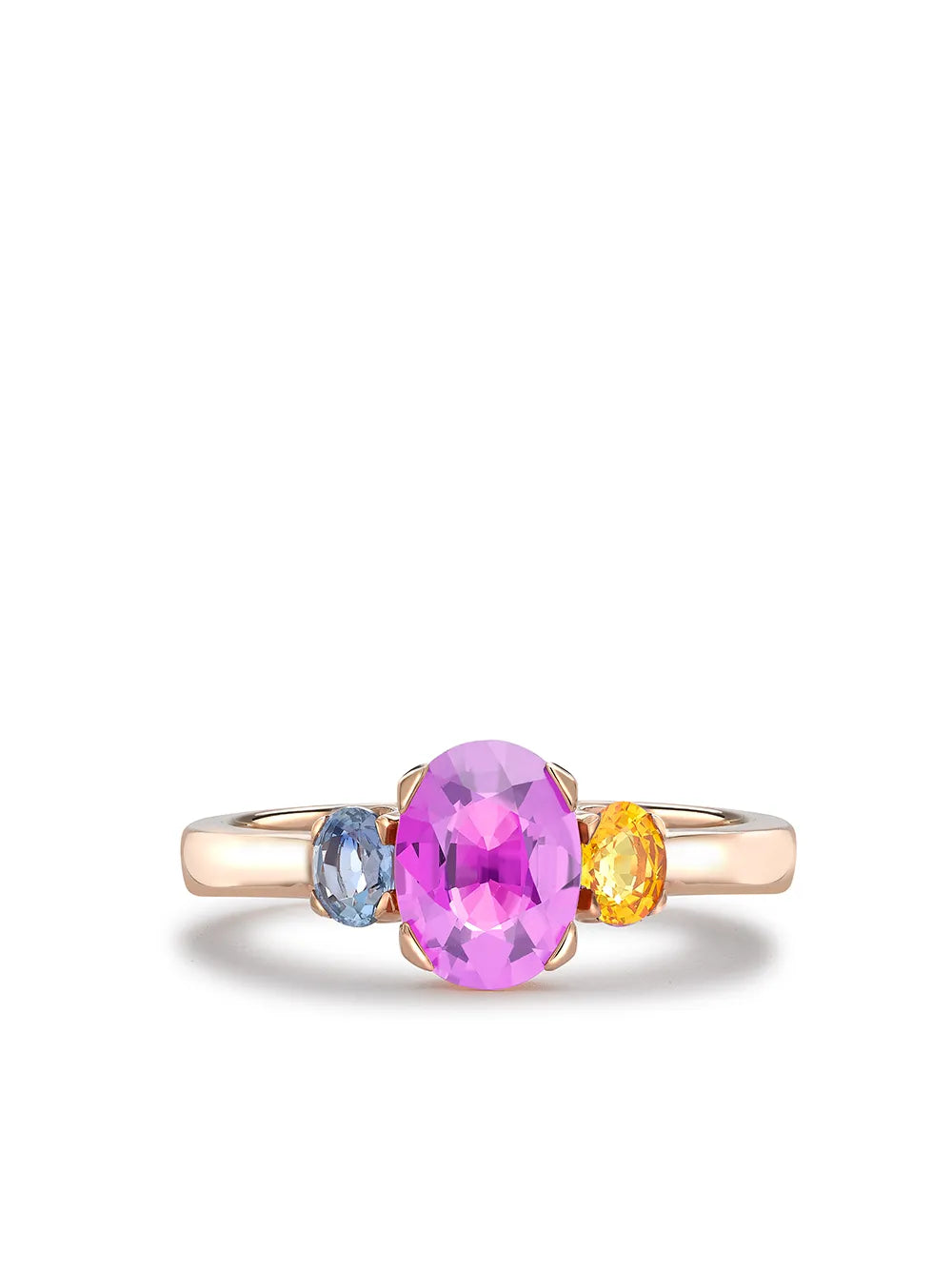 18kt rose gold Rainbow Fancy Three-Stone sapphire ring