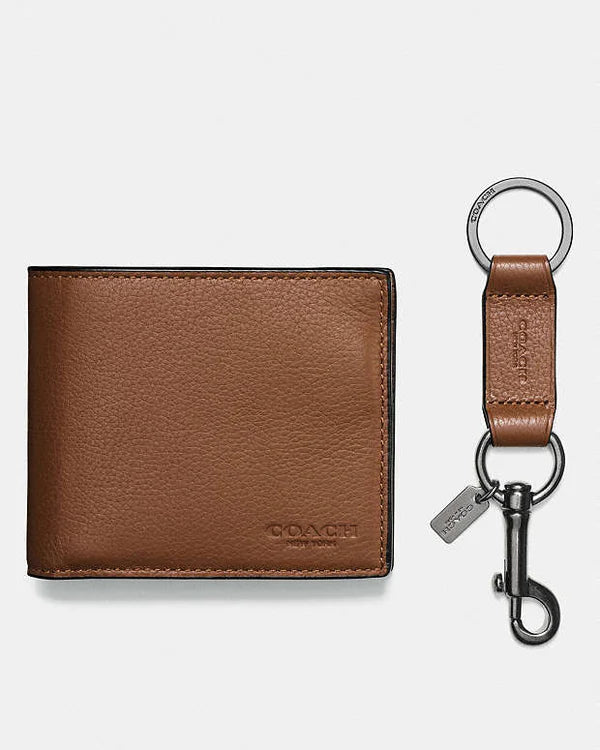 Coach Boxed 3 In 1 Wallet Gift Set Pebbled Leather-Dark Saddle