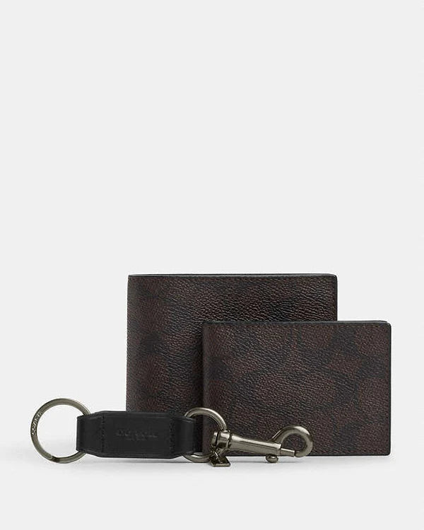 Coach Boxed 3 In 1 Wallet Gift Set In Signature Canvas Signature Canvas-Qb-Walnut-Black
