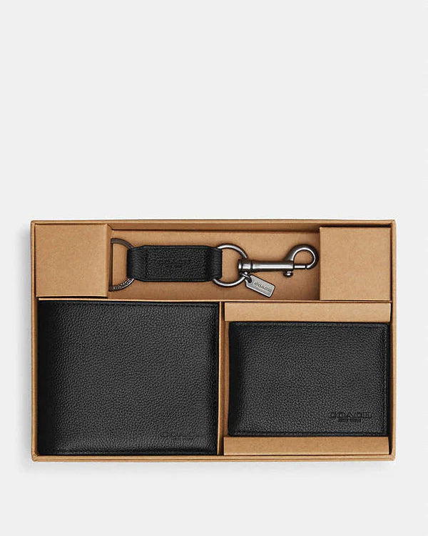Coach Boxed 3 In 1 Wallet Gift Set Pebbled Leather-Black