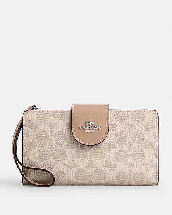 Coach Phone Wallet In Signature Canvas Signature Canvas-Silver-Sand-Taupe