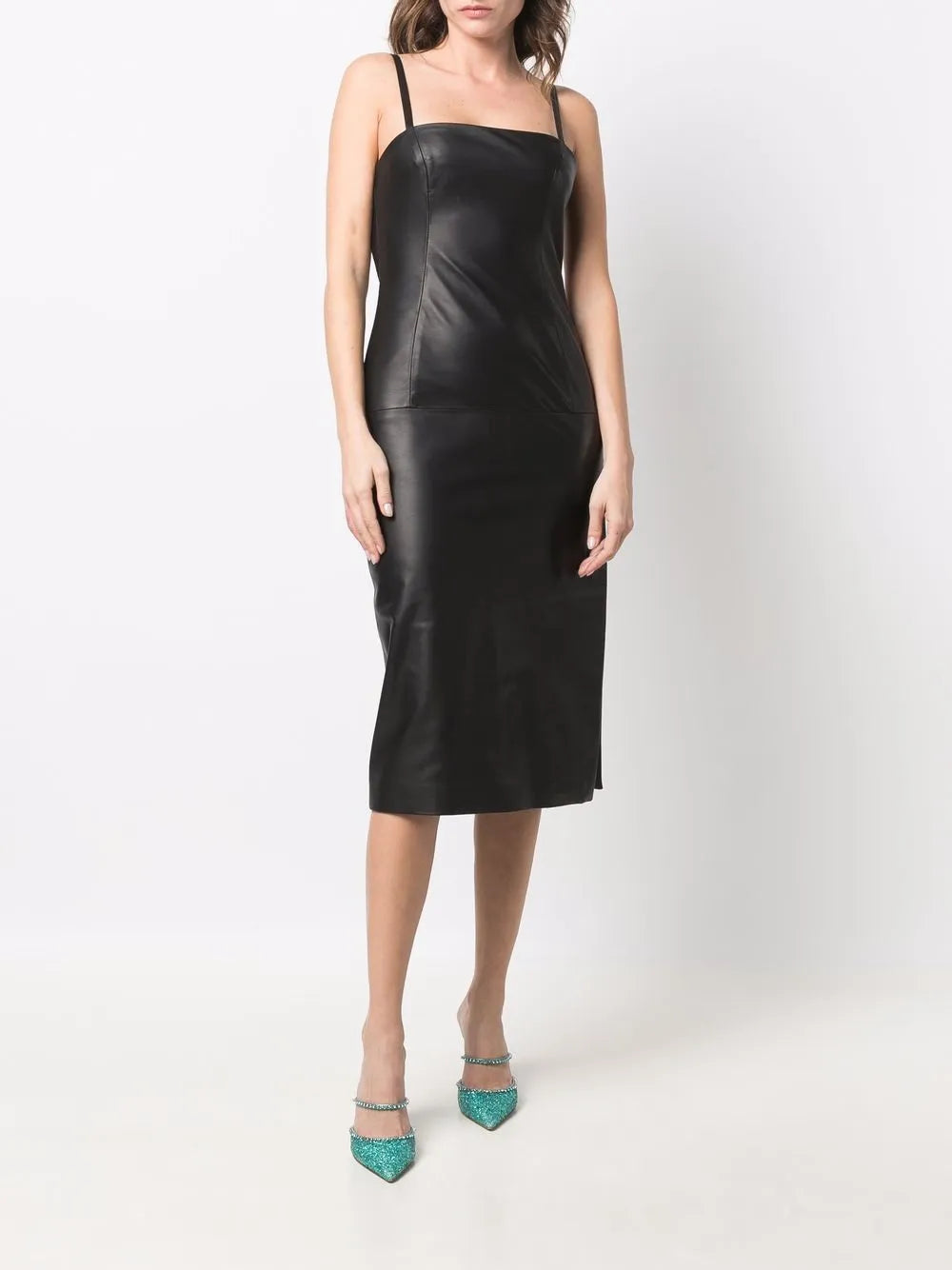 strap-detail leather midi dress