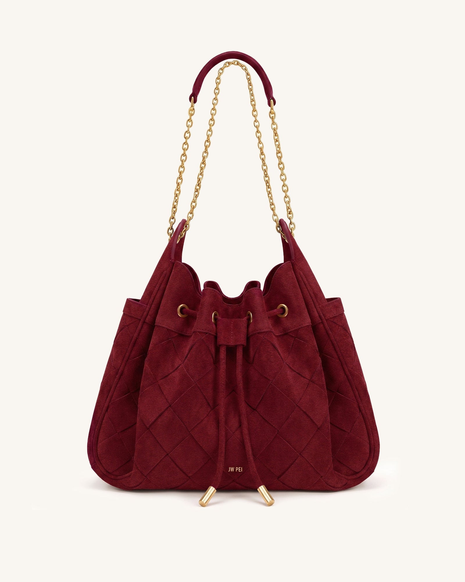 Jw Pei Rowan Faux Suede Weaving Ruched Drawstring Chain Bucket Bag Dark Cherry