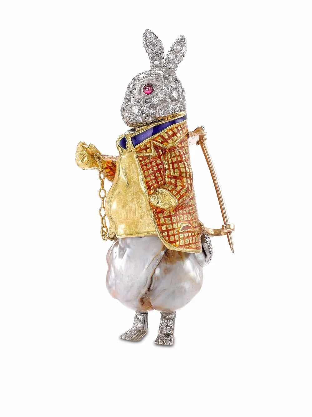 18kt gold Edwardian baroque pearl diamond rabbit brooch