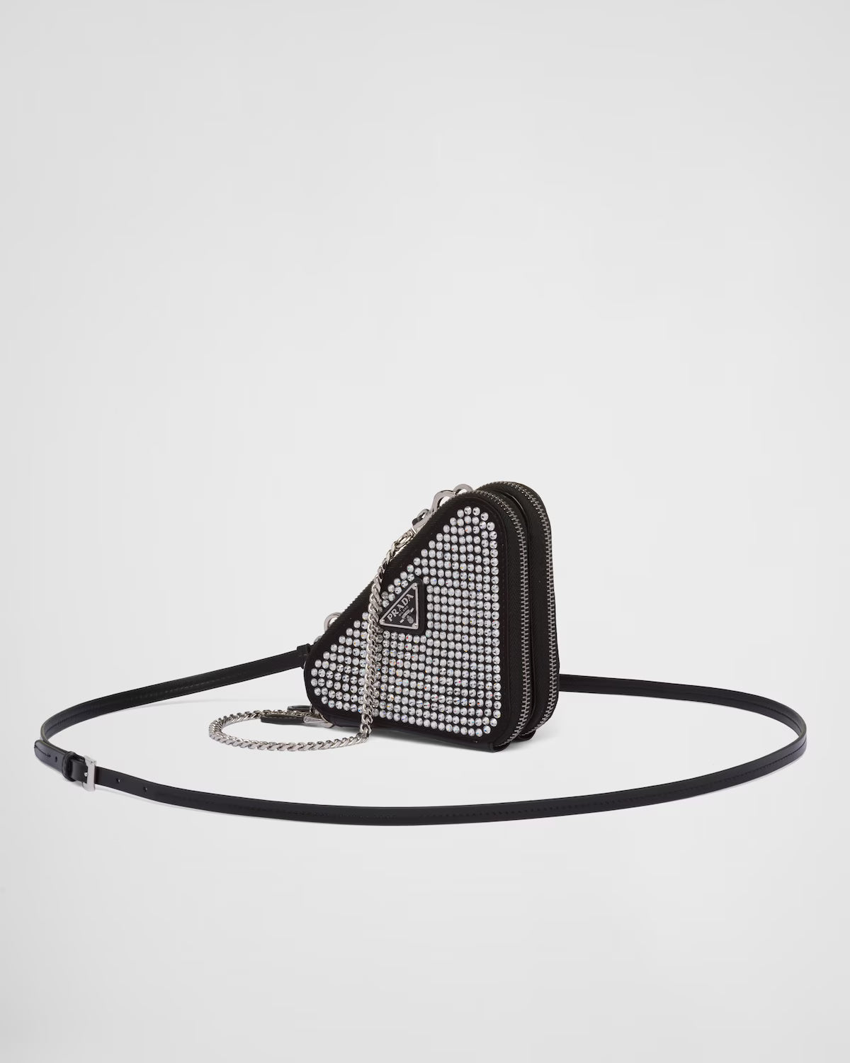 Triangular embellished satin and leather mini-pouch