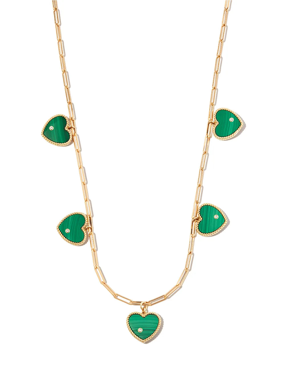 9kt and 18kt yellow gold malachite five heart pendant necklace