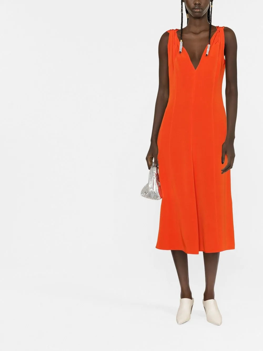 twist-shoulder fit-and-flare dress