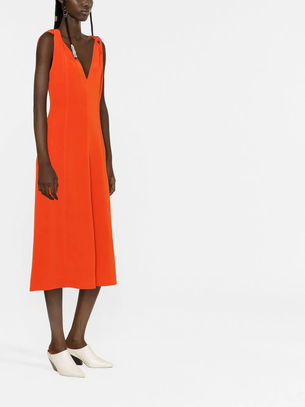 twist-shoulder fit-and-flare dress