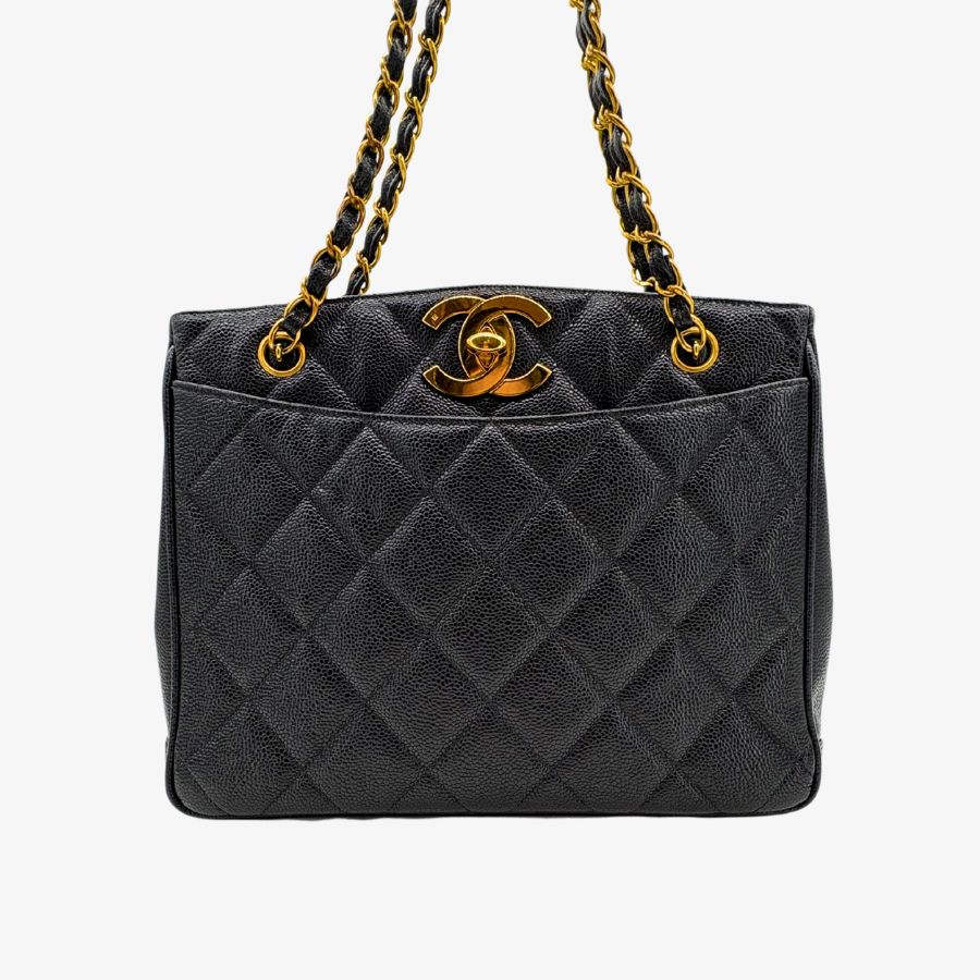 RG787 - CHANEL Vintage Black Caviar Leather Big CC Tote Bag