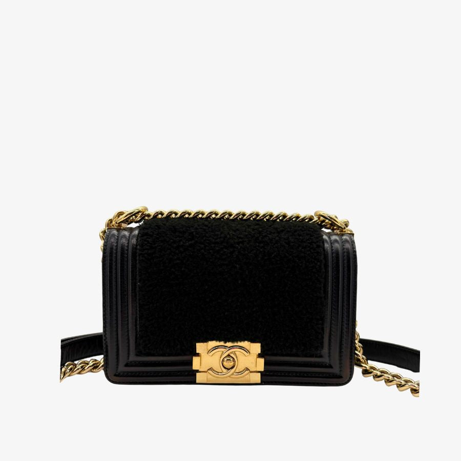 CS063 - CHANEL Boy Black Shearling Leather &amp; Calfskin 20cm Flap Bag
