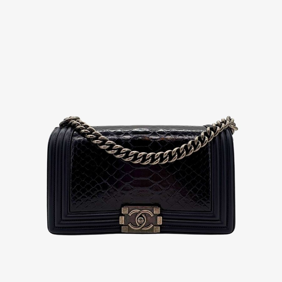 CS038 - CHAENL Boy Navy Snake Skin &amp; Calf skin 25cm Flap Bag