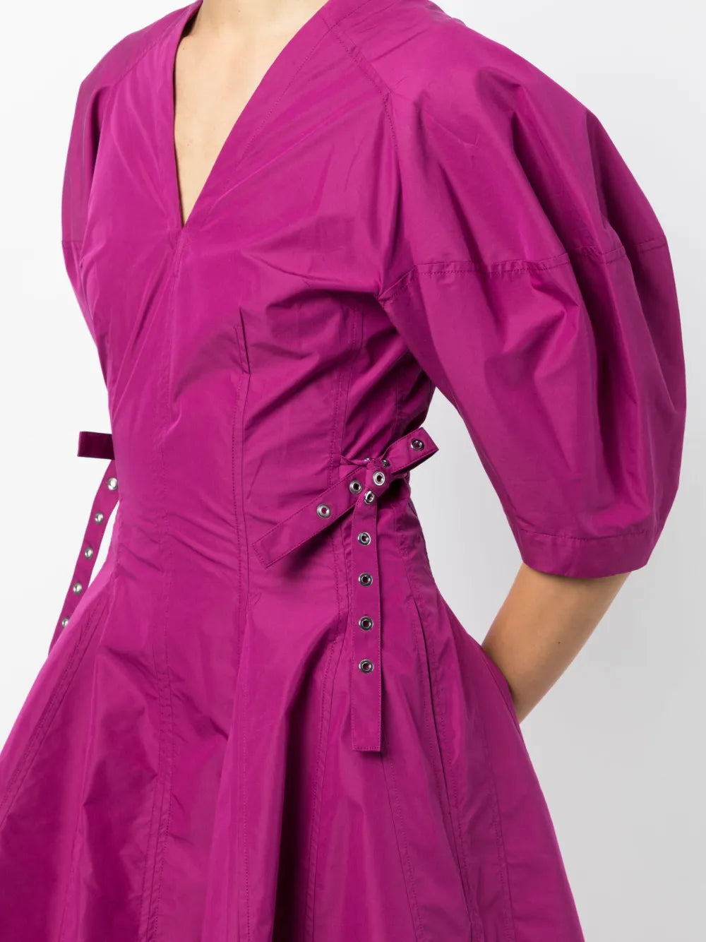 puff-sleeve V-neck godet dress