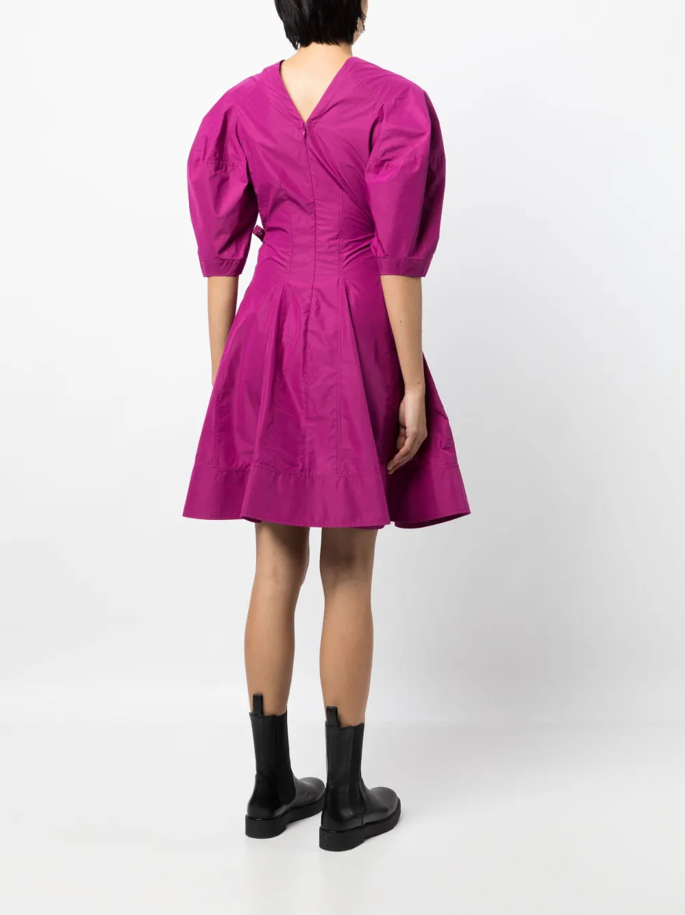 puff-sleeve V-neck godet dress