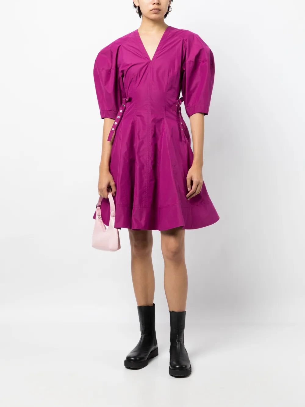puff-sleeve V-neck godet dress