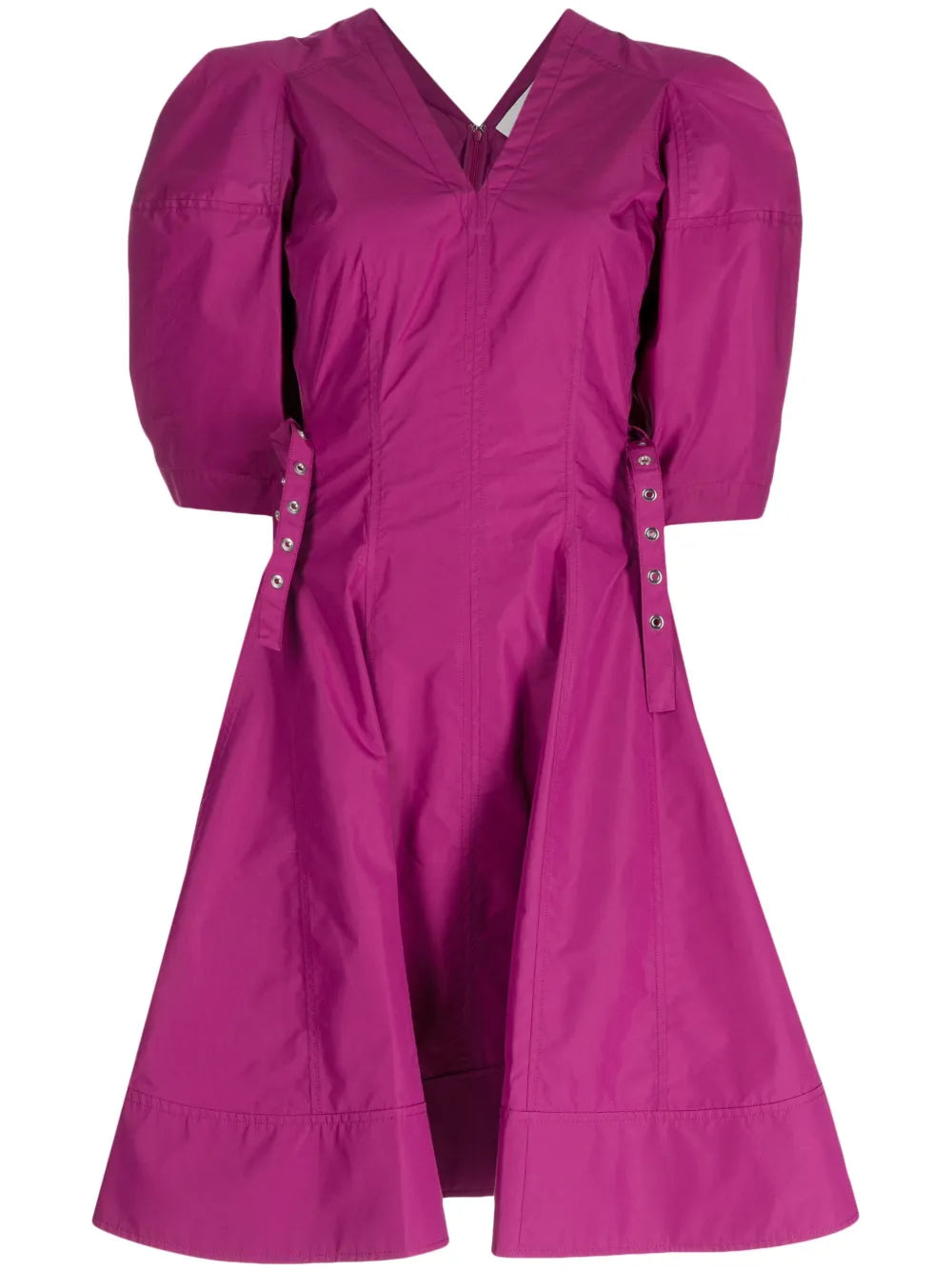 puff-sleeve V-neck godet dress