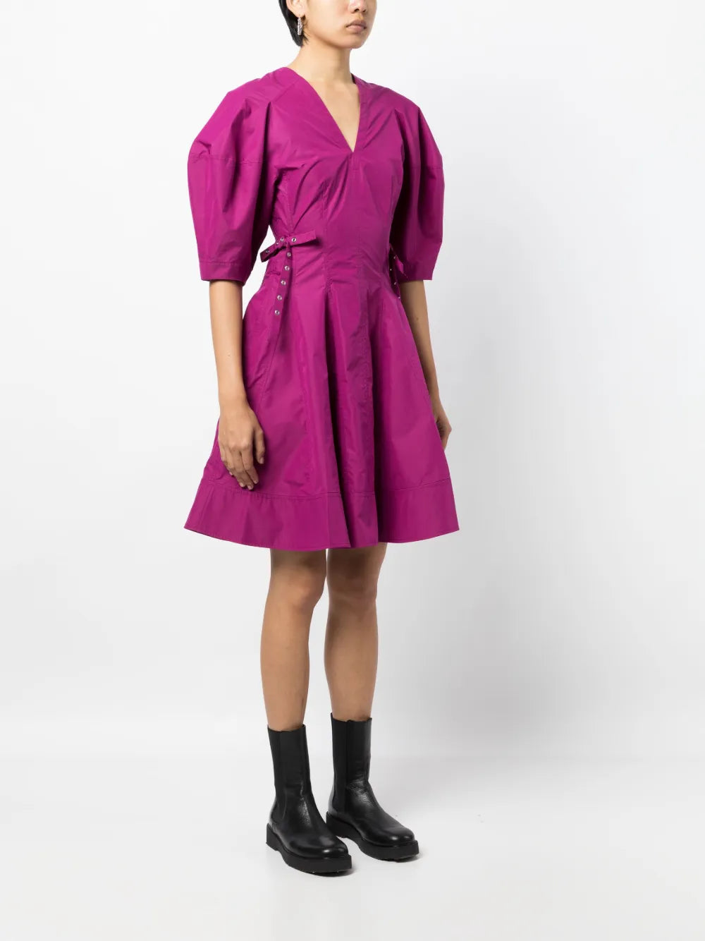 puff-sleeve V-neck godet dress