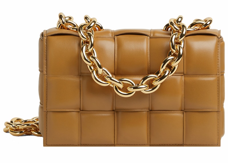 Bottega Veneta Chain Cassette Padded Intreccio Shoulder Bag Caramel