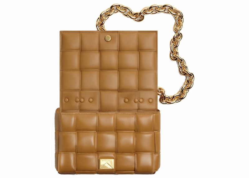 Bottega Veneta Chain Cassette Padded Intreccio Shoulder Bag Caramel