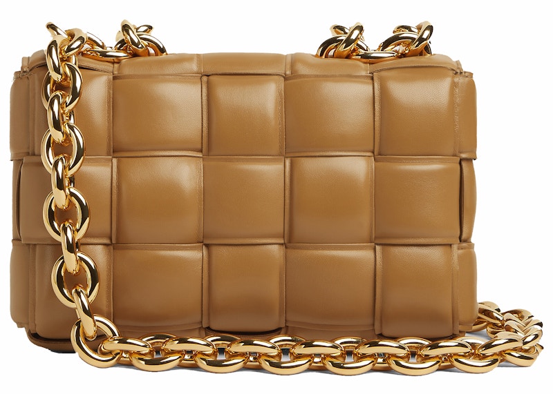 Bottega Veneta Chain Cassette Padded Intreccio Shoulder Bag Caramel