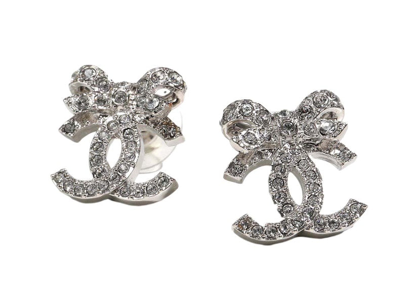 Chanel Bow Tie CC Logo Earrings Silver (ABA922)