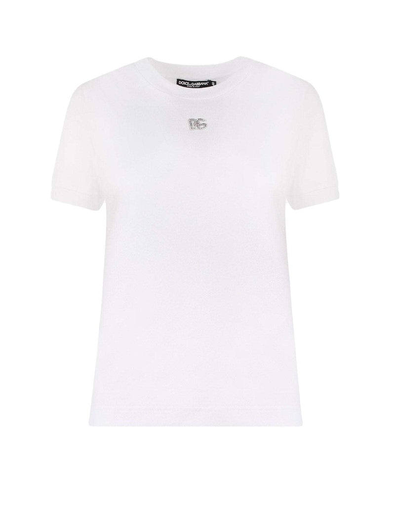Dolce & Gabbana Woman Cotton Rhinestones Logo Detail T-Shirt White