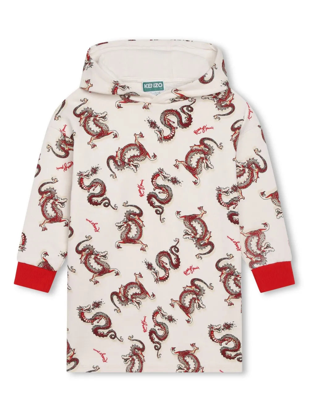 dragon-print cotton hooded dress