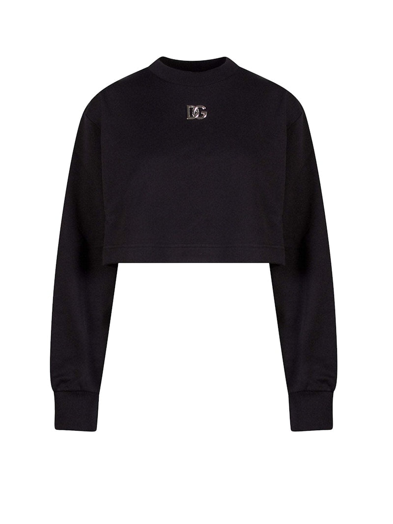Dolce & Gabbana Woman Crop Fit Cotton DG Patch Sweatshirt Black