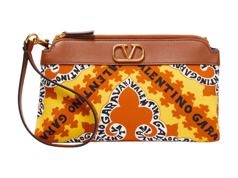 Valentino V'Logo Leather-Trimmed Canvas Pouch Brown