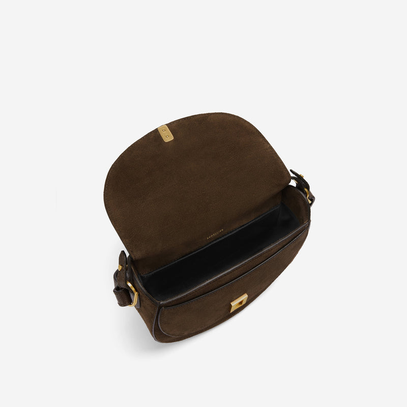 DeMellier The Siena Saddle mocha suede & mocha small grain