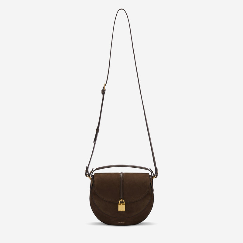 DeMellier The Siena Saddle mocha suede & mocha small grain