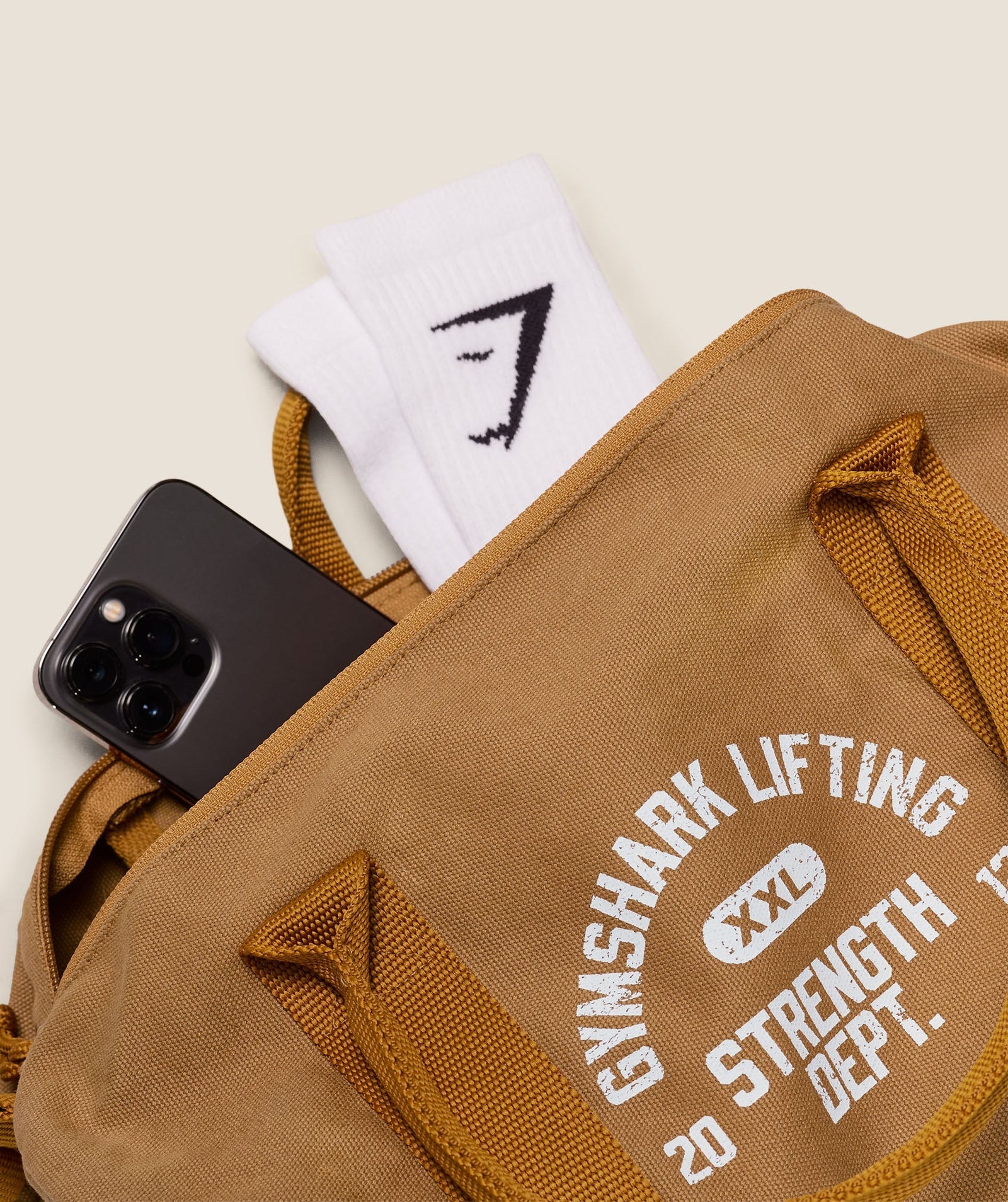 Women's Gymshark Strength Dept Mini Canvas Duffle Bag Antique Gold