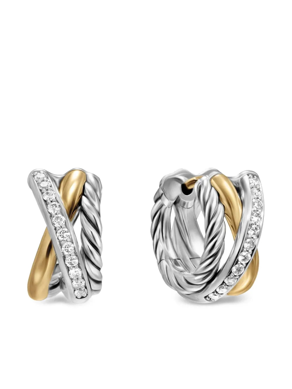 18kt yellow gold and sterling silver Crossover Three Row diamond hoop earrings (13mm)