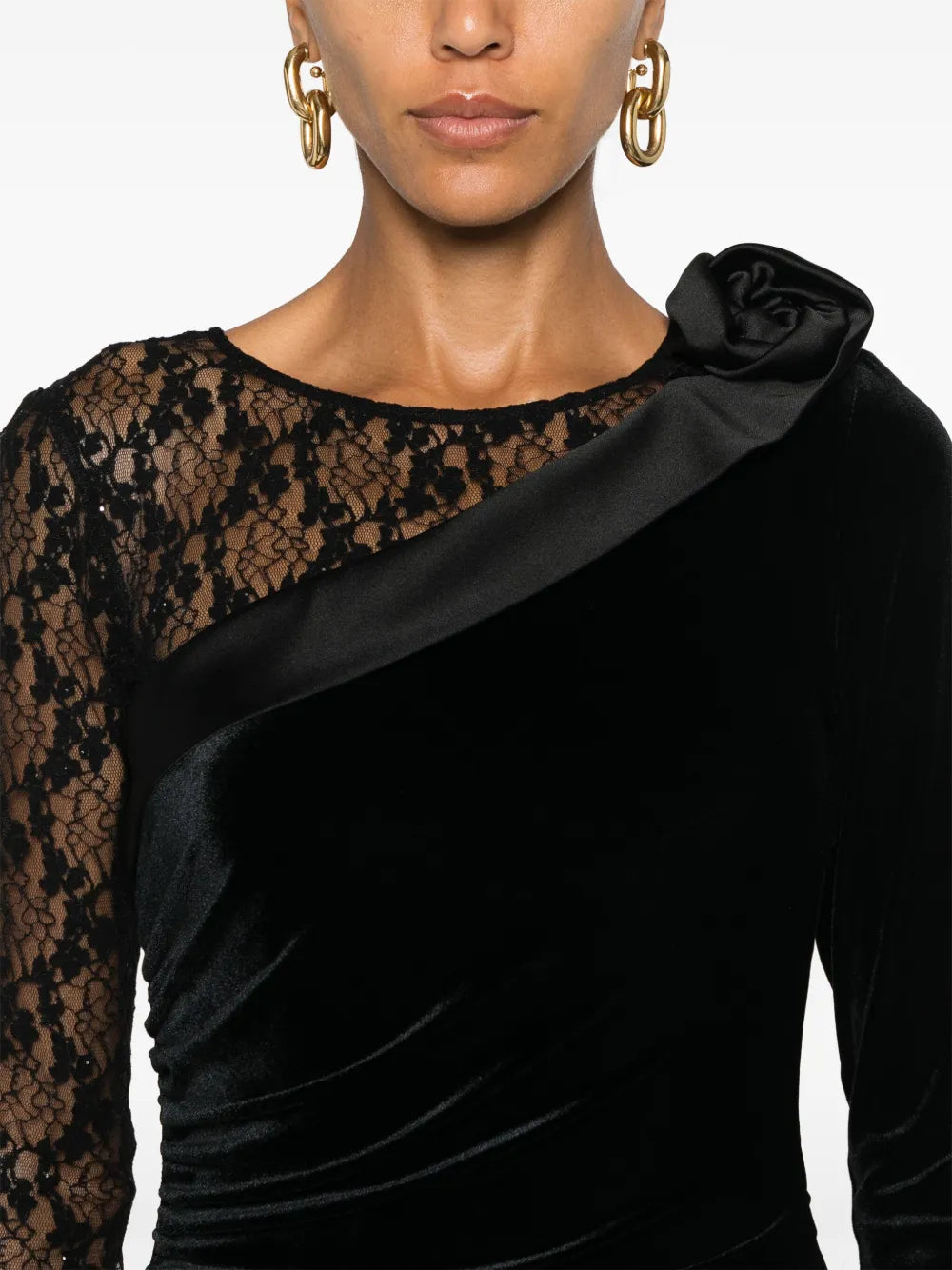 lace-insert velvet midi dress