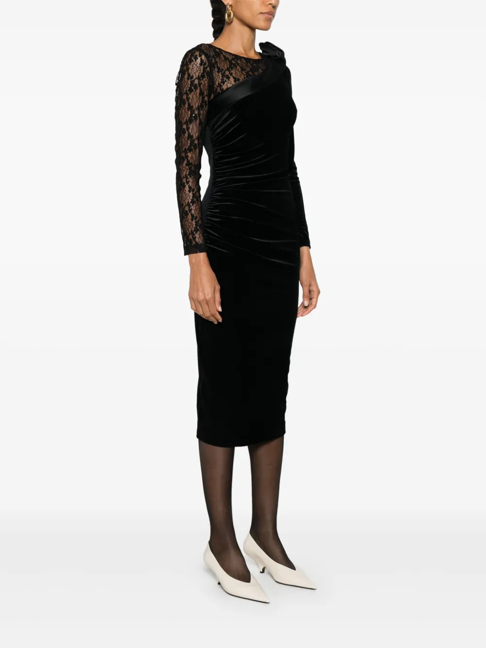 lace-insert velvet midi dress