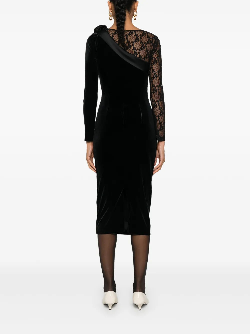 lace-insert velvet midi dress