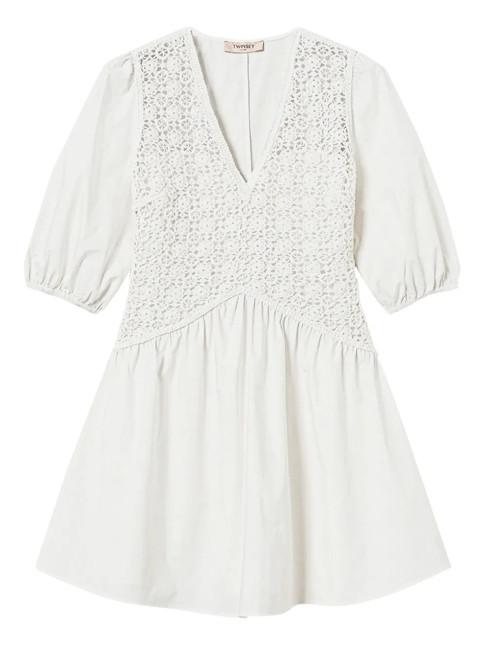 crochet-panelled puff-sleeve dress