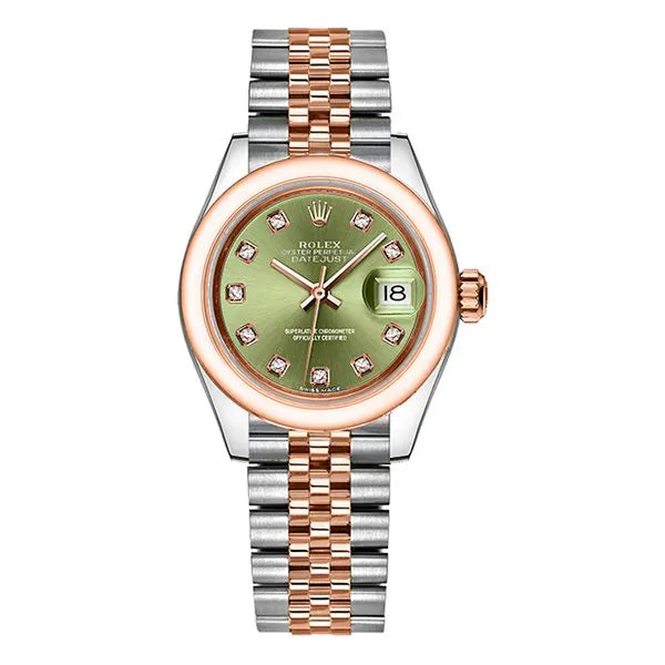 Rolex Datejust Everose Gold Rolesor And Stainless Steel 28Mm Domed Bezel With Olive Green Diamond Dial In Jubilee Bracelet Ladies Watch