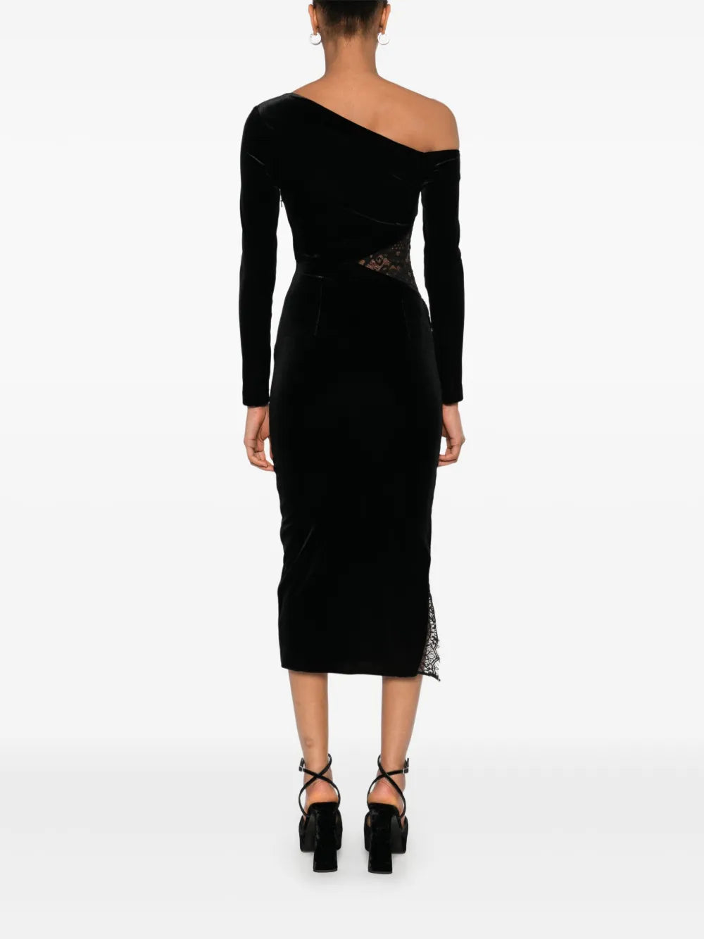 lace-insert velvet midi dress