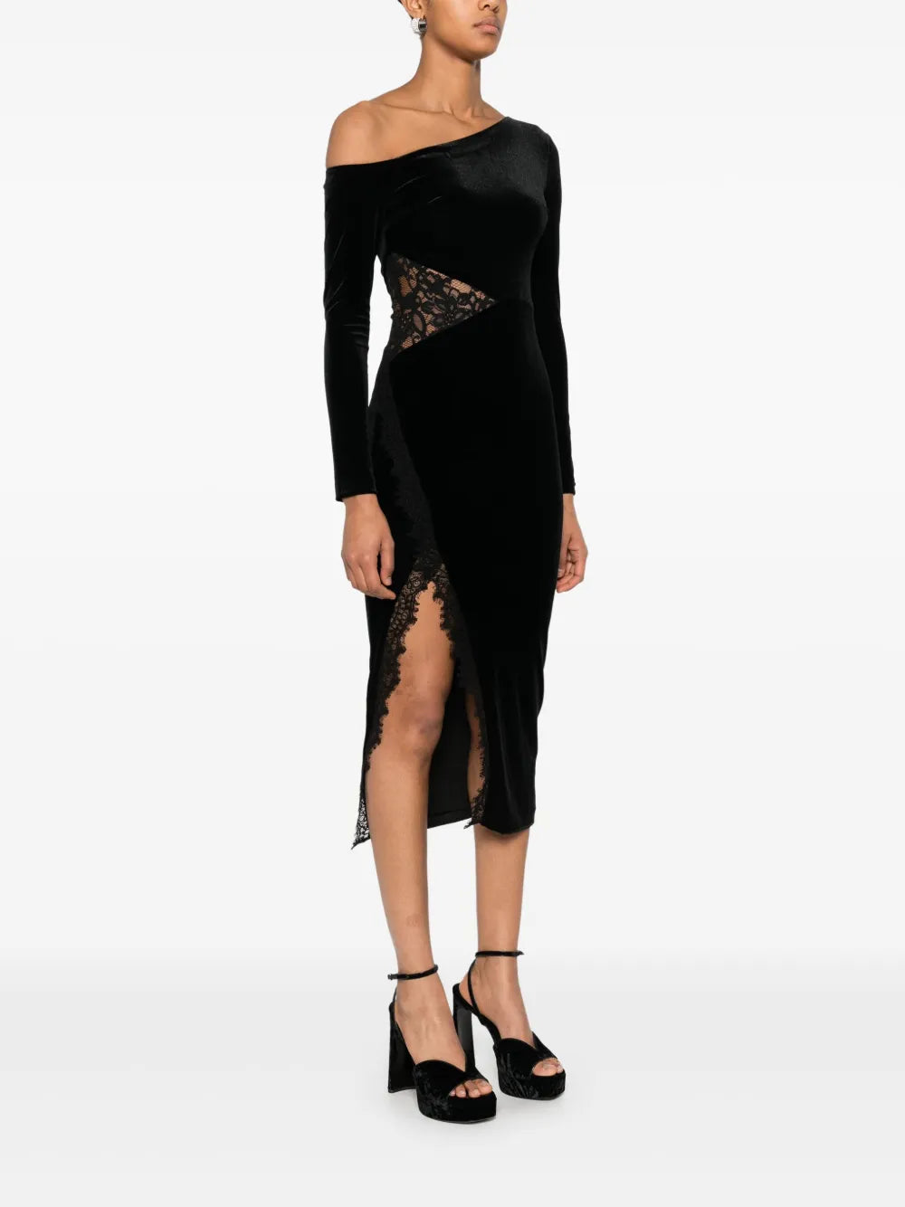 lace-insert velvet midi dress