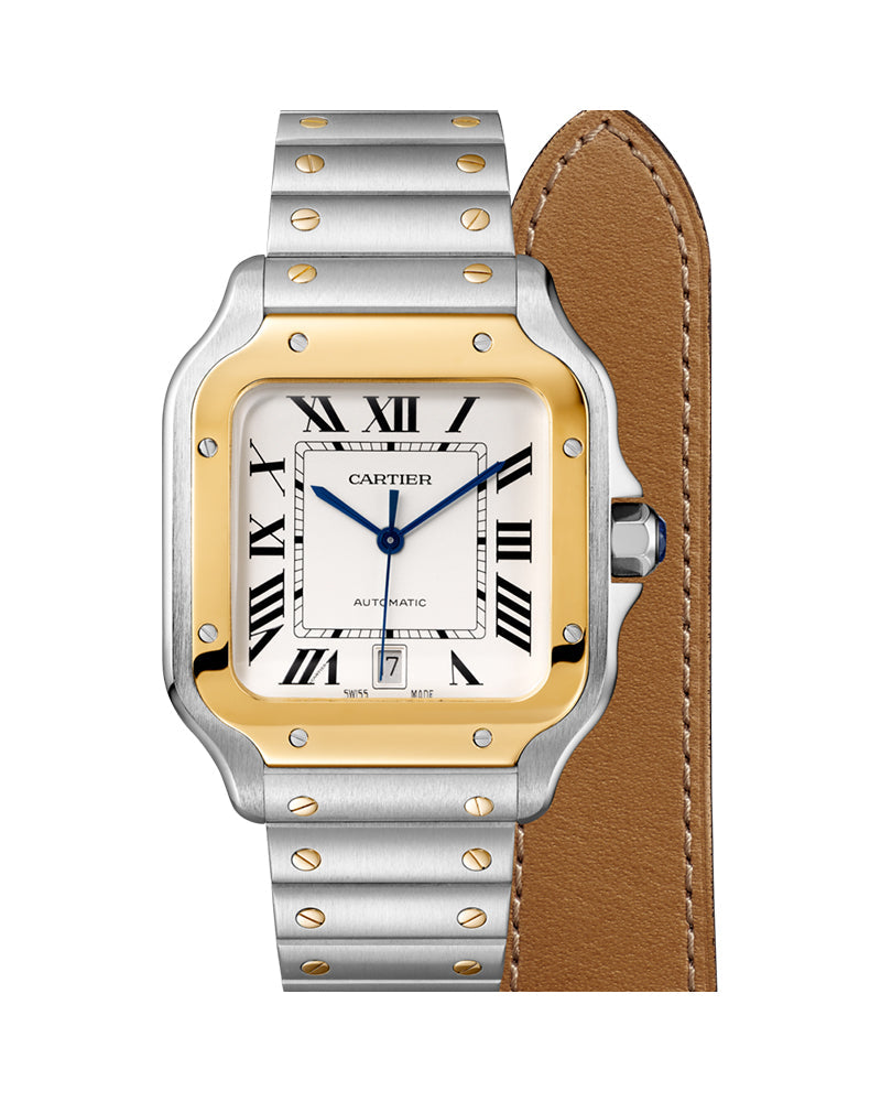 CARTIER SANTOS DE CARTIER, LARGE, AUTOMATIC, YELLOW GOLD AND STEEL, INTERCHANGEABLE METAL AND LEATHERS BRACELETS