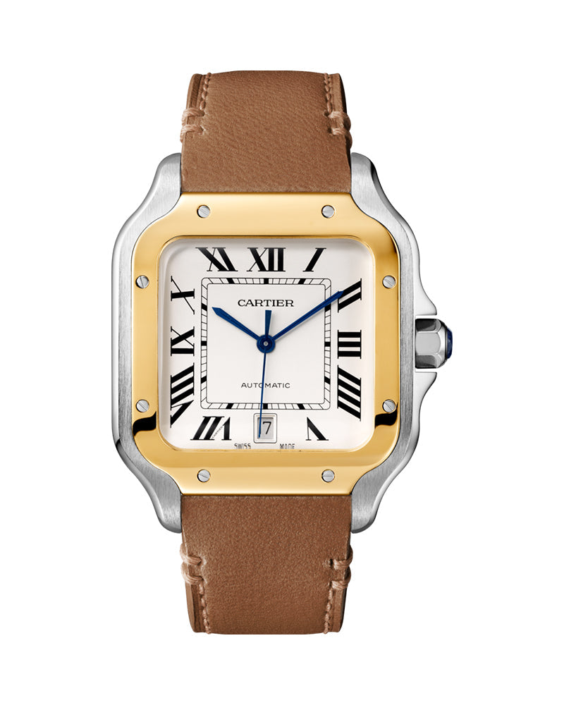 CARTIER SANTOS DE CARTIER, LARGE, AUTOMATIC, YELLOW GOLD AND STEEL, INTERCHANGEABLE METAL AND LEATHERS BRACELETS
