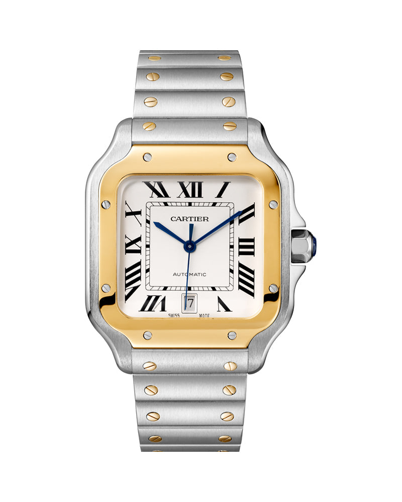 CARTIER SANTOS DE CARTIER, LARGE, AUTOMATIC, YELLOW GOLD AND STEEL, INTERCHANGEABLE METAL AND LEATHERS BRACELETS