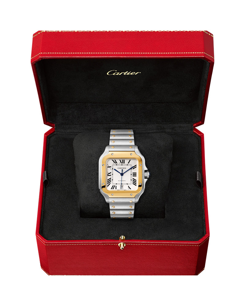 CARTIER SANTOS DE CARTIER, LARGE, AUTOMATIC, YELLOW GOLD AND STEEL, INTERCHANGEABLE METAL AND LEATHERS BRACELETS