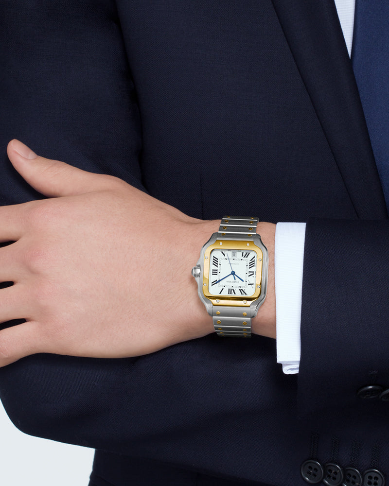 CARTIER SANTOS DE CARTIER, LARGE, AUTOMATIC, YELLOW GOLD AND STEEL, INTERCHANGEABLE METAL AND LEATHERS BRACELETS