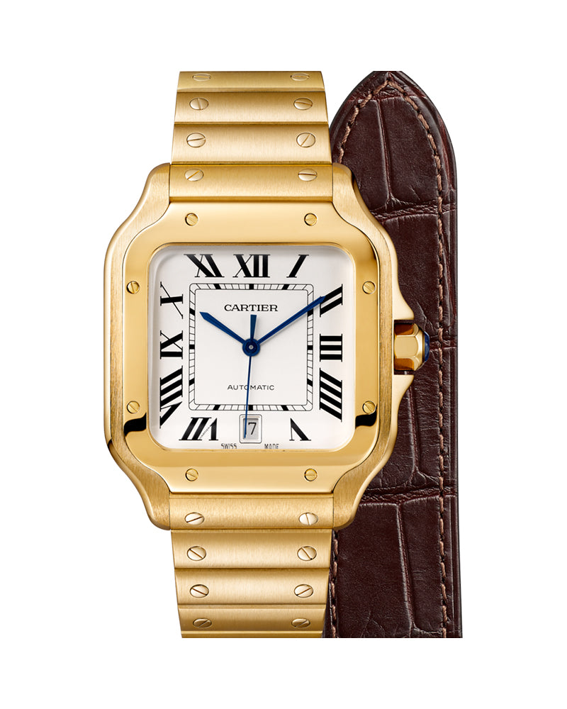CARTIER SANTOS DE CARTIER, LARGE, AUTOMATIC, YELLOW GOLD, INTERCHANGEABLE METAL AND LEATHER BRACELETS