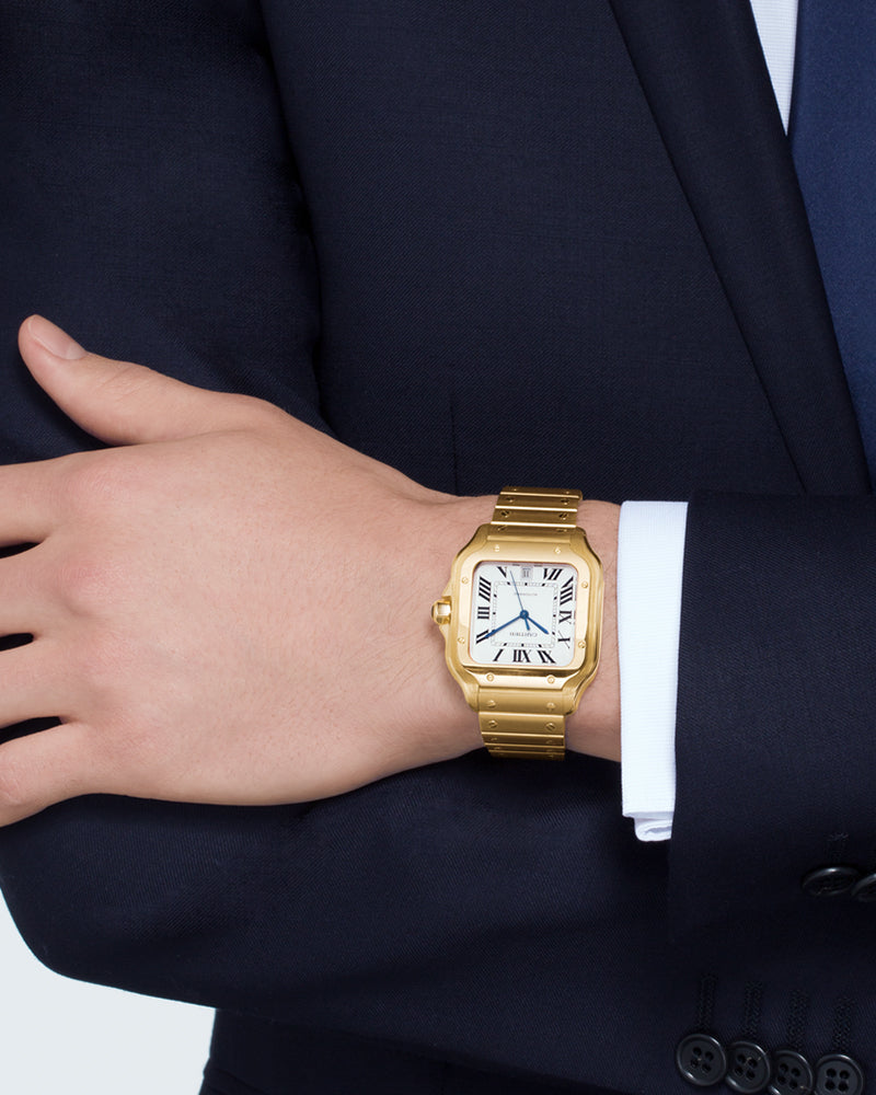 CARTIER SANTOS DE CARTIER, LARGE, AUTOMATIC, YELLOW GOLD, INTERCHANGEABLE METAL AND LEATHER BRACELETS