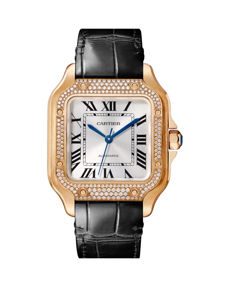 CARTIER SANTOS DE CARTIER, MEDIUM, AUTOMATIC, ROSE GOLD, DIAMONDS, TWO INTERCHANGEABLE LEATHER BRACELETS